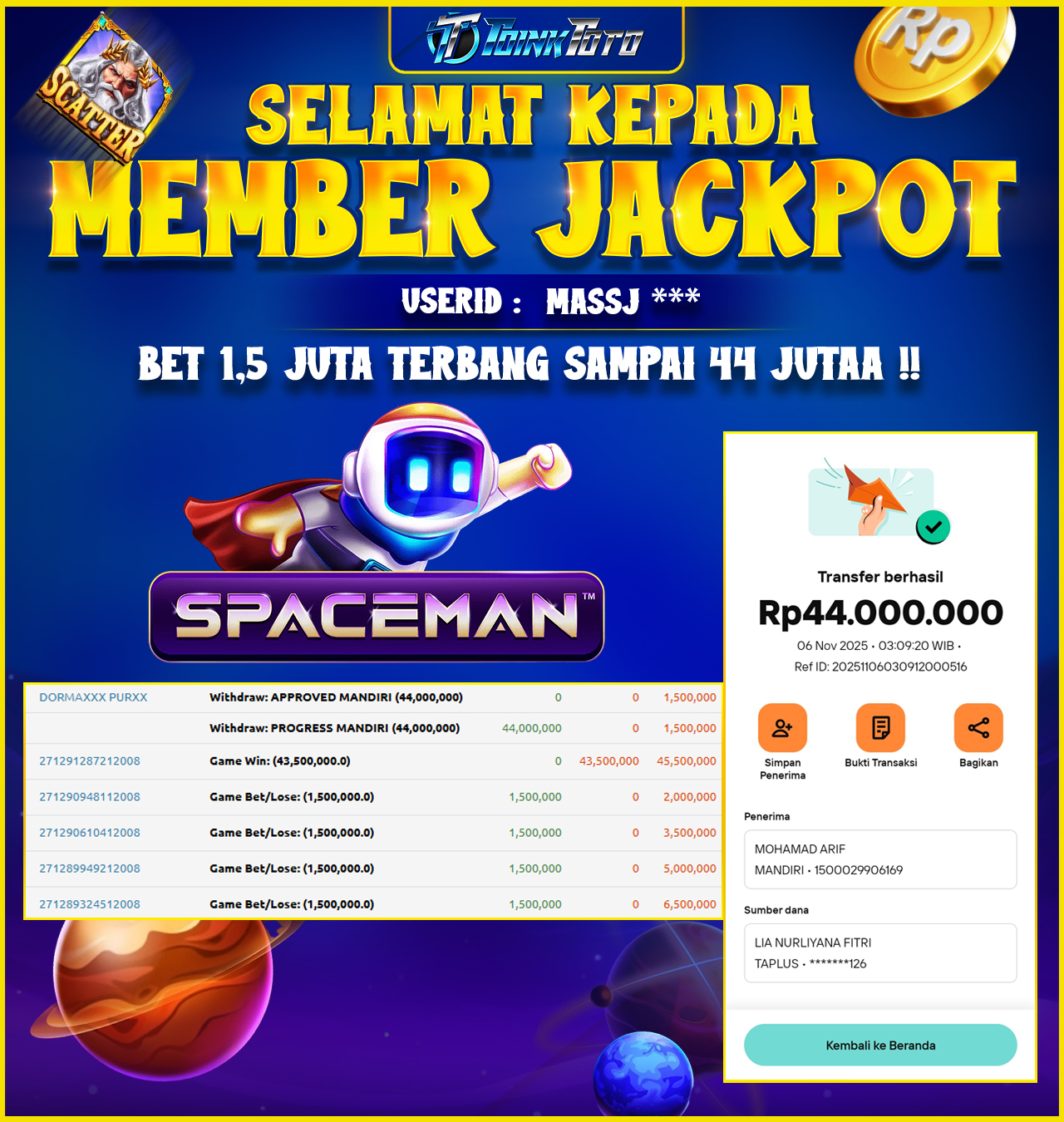 TOINKTOTO JACKPOT GAME CASINO SPACEMAN Rp.44.000.000.,- LUNAS